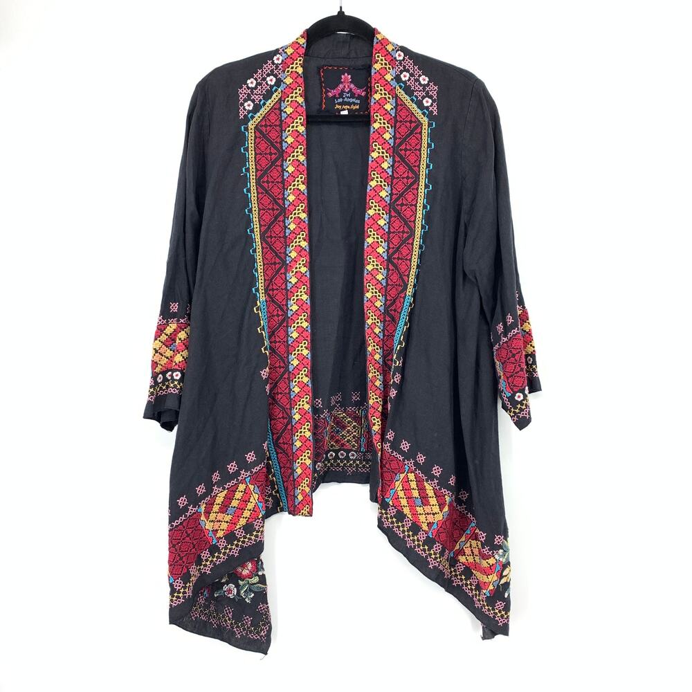 Johnny Was Kimono Cardigan Jacket Womens Sz L Black Linen Embroidered Red Multi